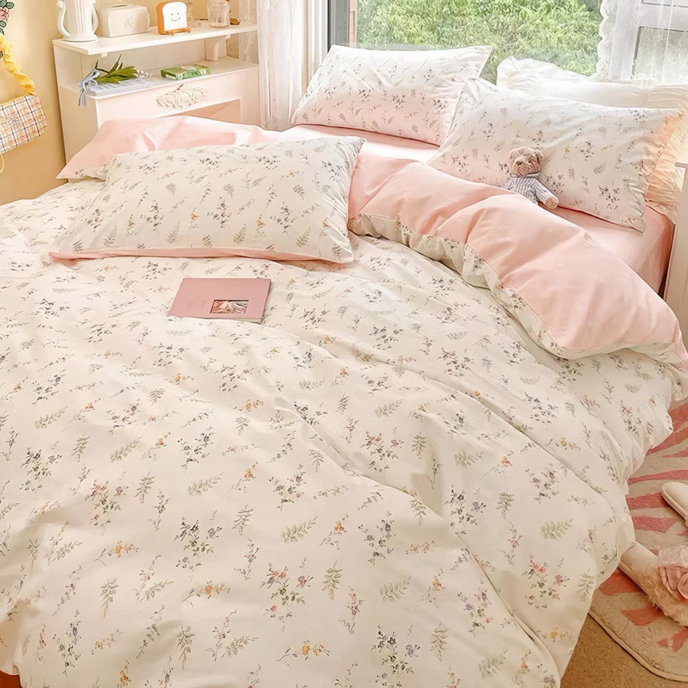 Mojoyce-Spring Summer Bedding Set Pale Pink Floral Print Bedding Set