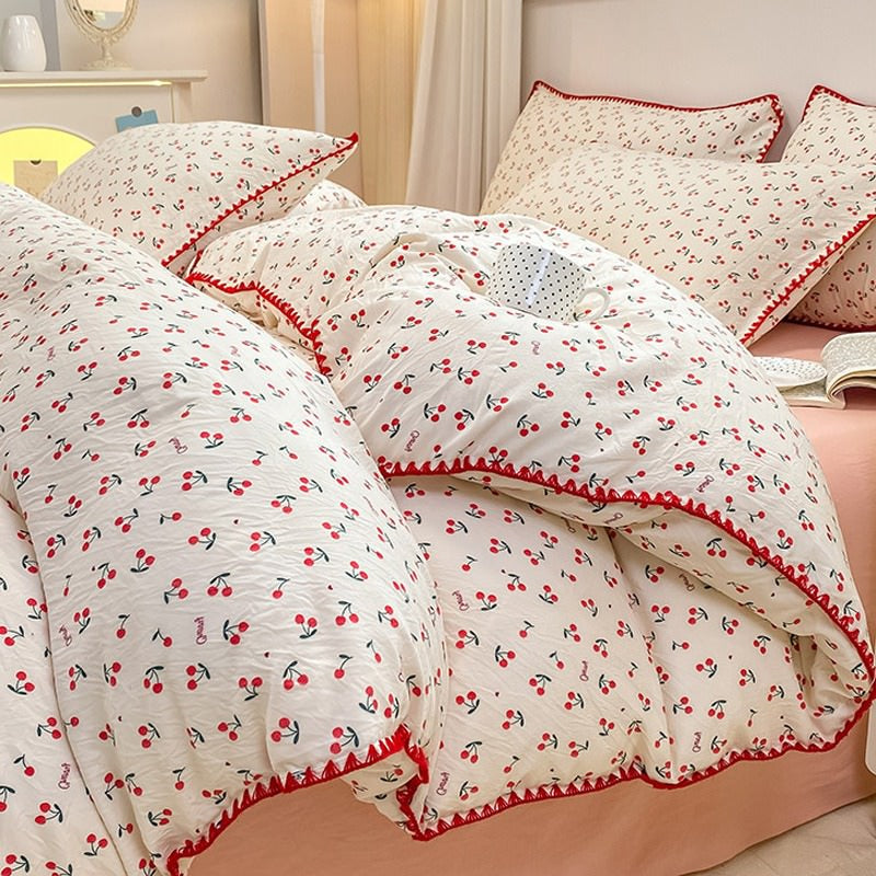 Mojoyce-Spring Summer Bedding Set Stitched Edge Red Cherries Bedding Set