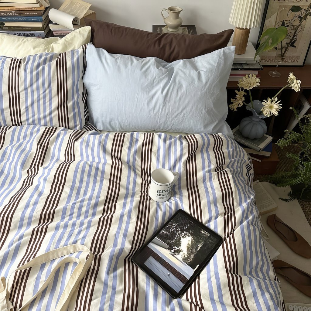 Mojoyce-Spring Summer Bedding Set Blue & Brown Vintage Striped Bedding Set