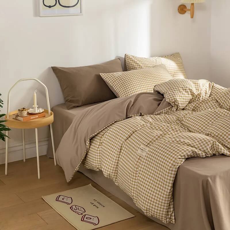 Mojoyce-Spring Summer Bedding Set Mini Plaid Print Pastel Bedding Set