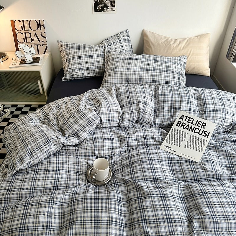 Mojoyce-Spring Summer Bedding Set Vintage Blue Plaid Bedding Set