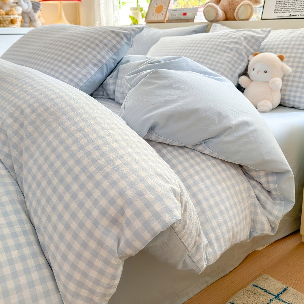 Mojoyce-Spring Summer Bedding Set Pastel Plaid Double-Sided Bedding Set