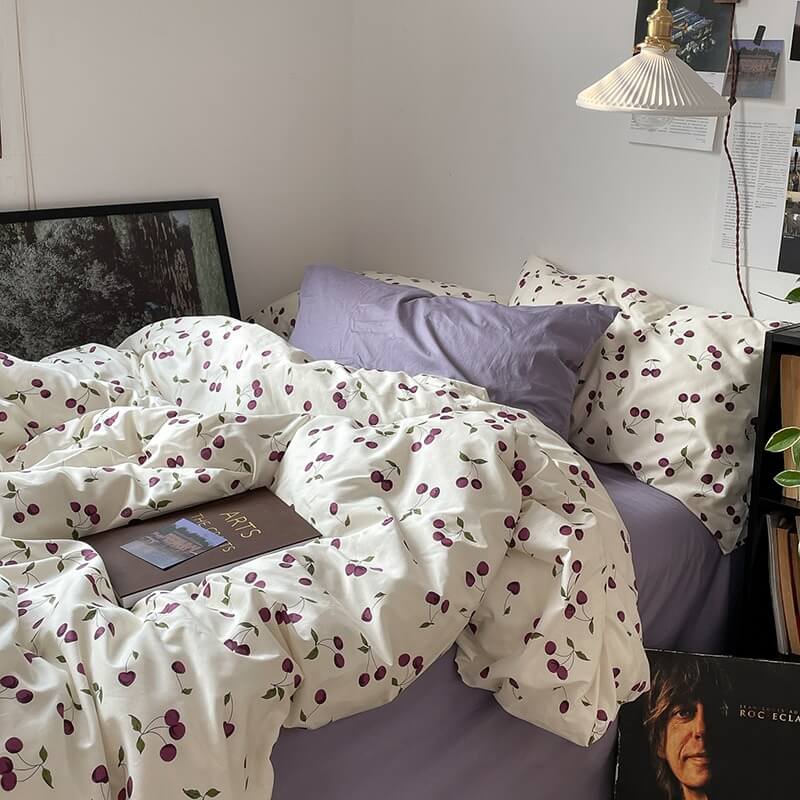 Mojoyce-Spring Summer Bedding Set Purple Cherries Bedding Set