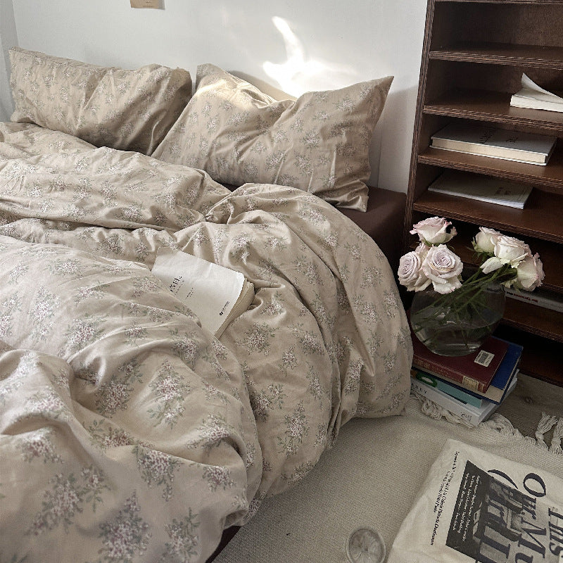 Mojoyce bedroom inspirations Retro Style Cotton Four-Piece Set French Pastoral Pure Cotton Bed Sheet Quilt Cover Soft 1.8M Bedding Dormitory 3 Pieces