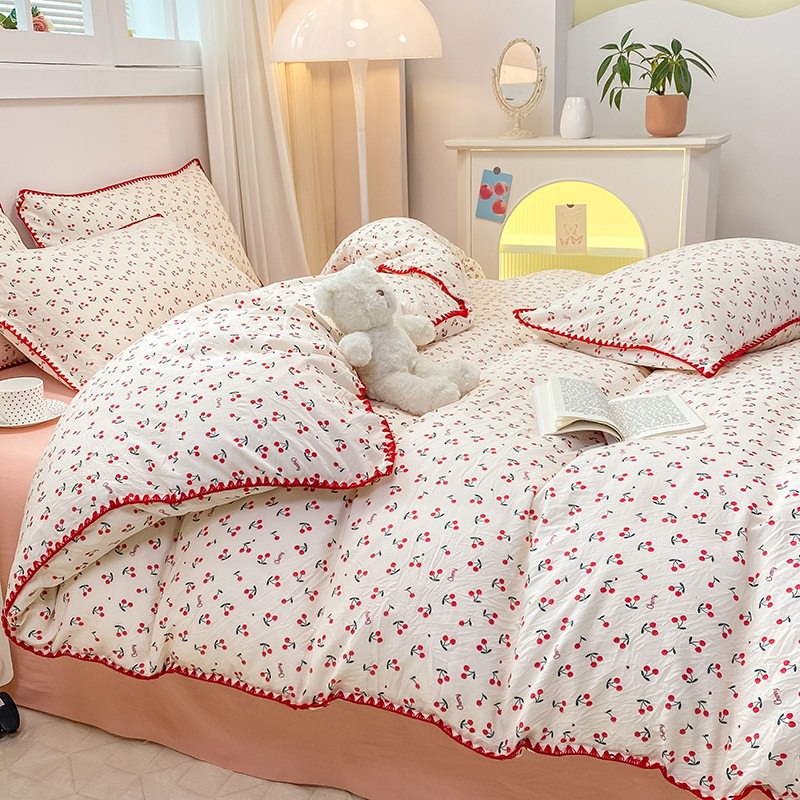 Mojoyce-Spring Summer Bedding Set Stitched Edge Red Cherries Bedding Set