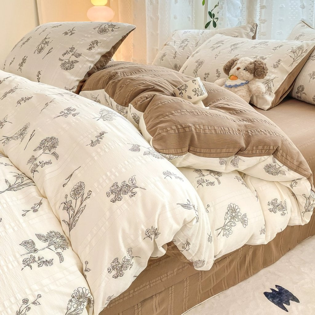 Mojoyce-Spring Summer Bedding Set Floral Print Vintage Creamy Bedding Set