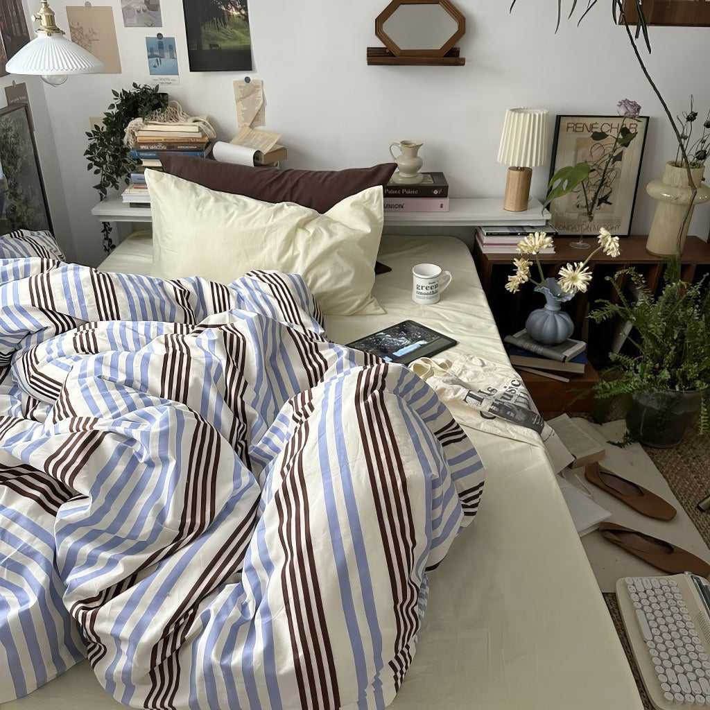 Mojoyce-Spring Summer Bedding Set Blue & Brown Vintage Striped Bedding Set