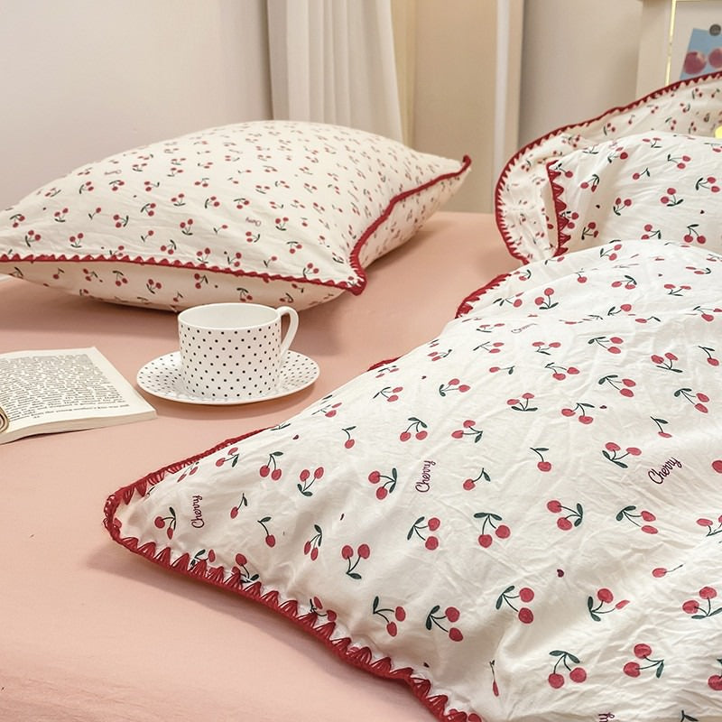 Mojoyce-Spring Summer Bedding Set Stitched Edge Red Cherries Bedding Set