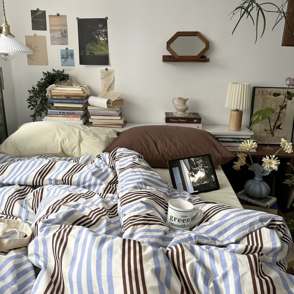 Mojoyce-Spring Summer Bedding Set Blue & Brown Vintage Striped Bedding Set