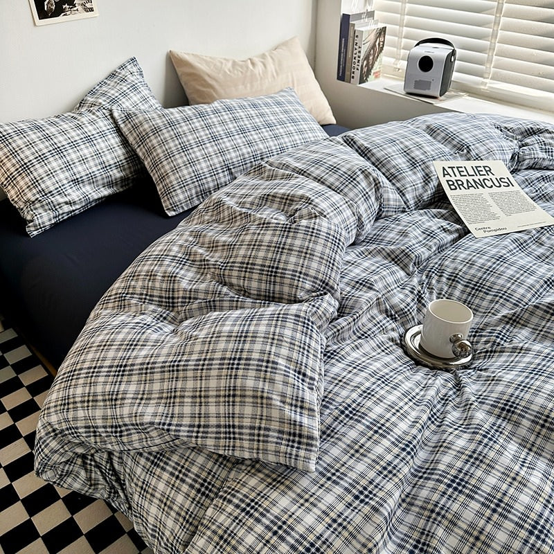 Mojoyce-Spring Summer Bedding Set Vintage Blue Plaid Bedding Set