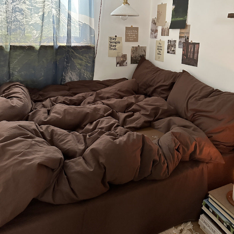 Mojoyce bedroom inspirations Mocha Chocolate Cotton Four-Piece Set Solid Color Mix and Match Simple Ins Style Pure Cotton Washed Cotton Bed Sheet Quilt Cover Bedding