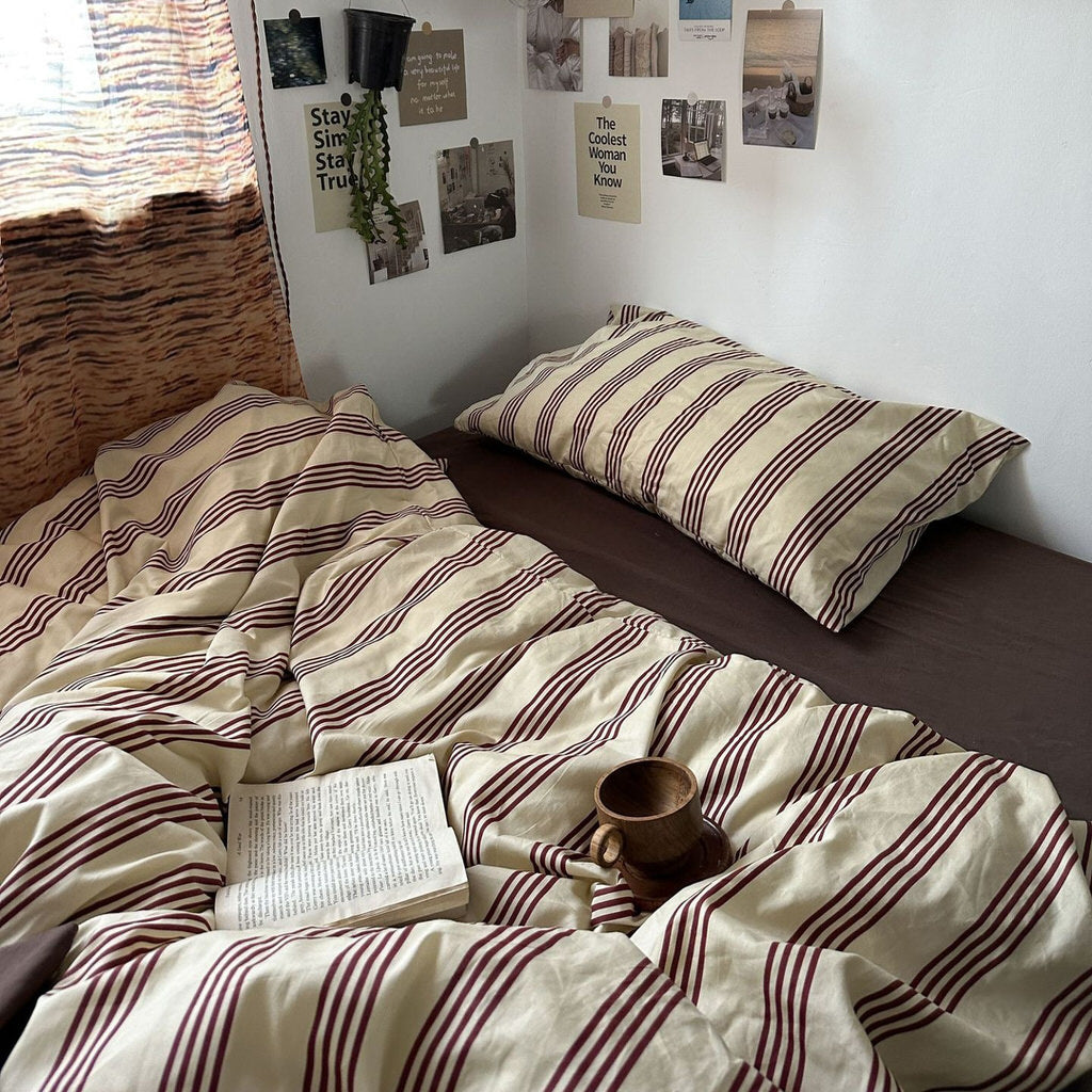 Mojoyce-Spring Summer Bedding Set Beige & Brown Vintage Striped Bedding Set