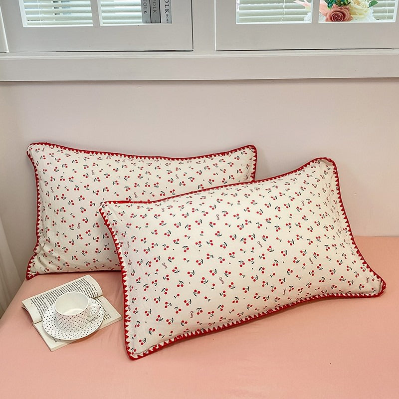 Mojoyce-Spring Summer Bedding Set Stitched Edge Red Cherries Bedding Set