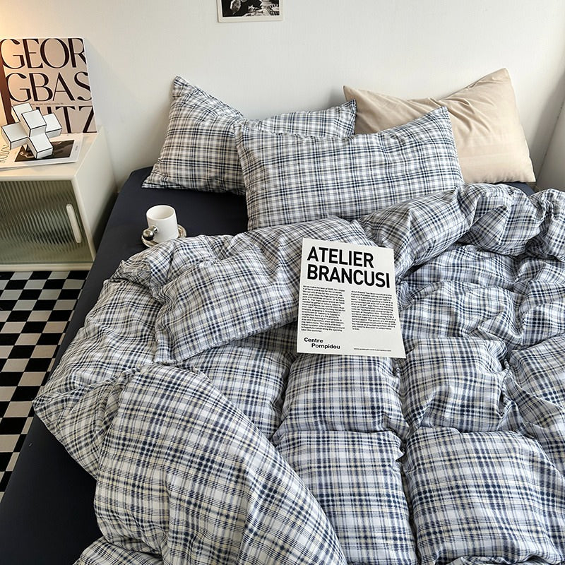 Mojoyce-Spring Summer Bedding Set Vintage Blue Plaid Bedding Set
