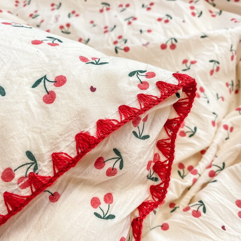 Mojoyce-Spring Summer Bedding Set Stitched Edge Red Cherries Bedding Set