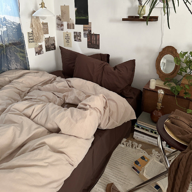 Mojoyce bedroom inspirations Mocha Chocolate Cotton Four-Piece Set Solid Color Mix and Match Simple Ins Style Pure Cotton Washed Cotton Bed Sheet Quilt Cover Bedding