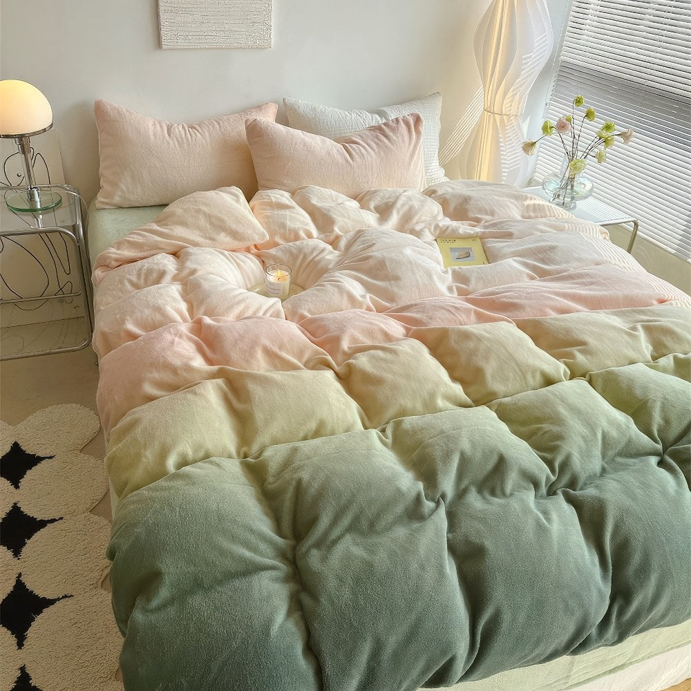 Mojoyce-Spring Summer Bedding Set Pastel Peachy to Green Gradient Fleece Bedding Set