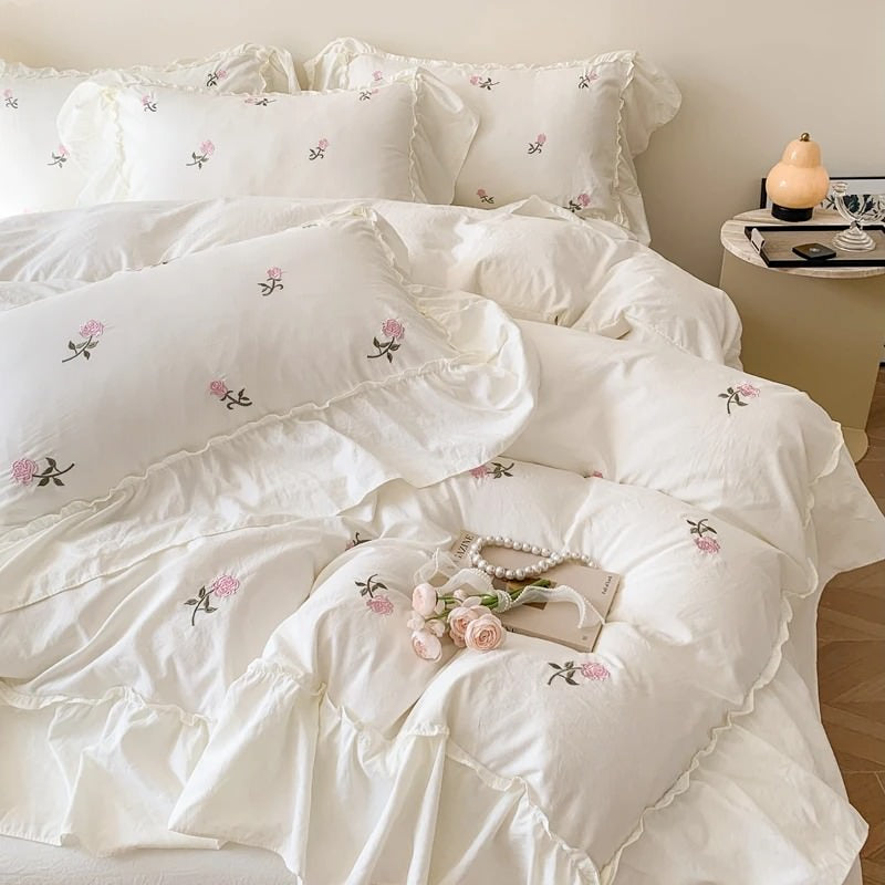 Mojoyce-Spring Summer Bedding Set Coquette Roses Ruffle Duvet Cover & Sham Set
