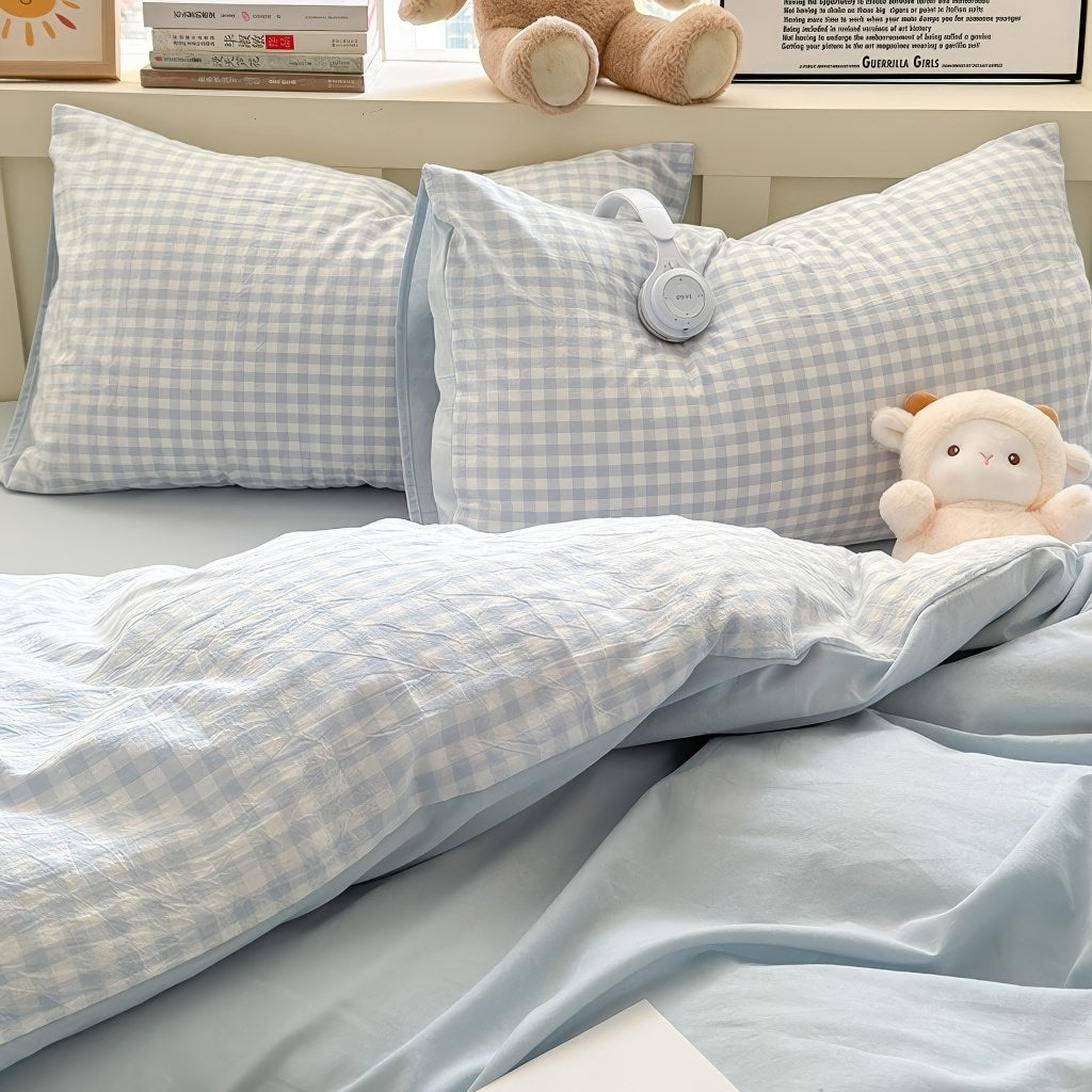 Mojoyce-Spring Summer Bedding Set Pastel Plaid Double-Sided Bedding Set