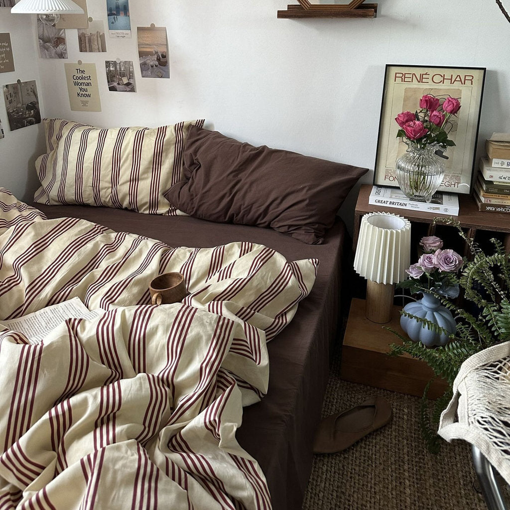 Mojoyce-Spring Summer Bedding Set Beige & Brown Vintage Striped Bedding Set