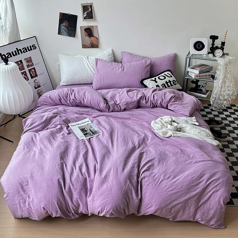 Mojoyce-Spring Summer Bedding Set Crumpled Solid Color Sheets Bedding Set