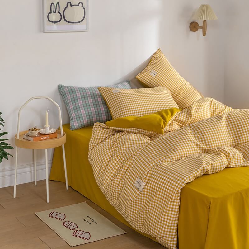 Mojoyce-Spring Summer Bedding Set Mini Plaid Print Pastel Bedding Set