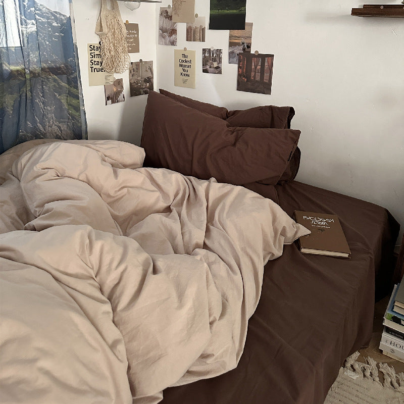 Mojoyce bedroom inspirations Mocha Chocolate Cotton Four-Piece Set Solid Color Mix and Match Simple Ins Style Pure Cotton Washed Cotton Bed Sheet Quilt Cover Bedding
