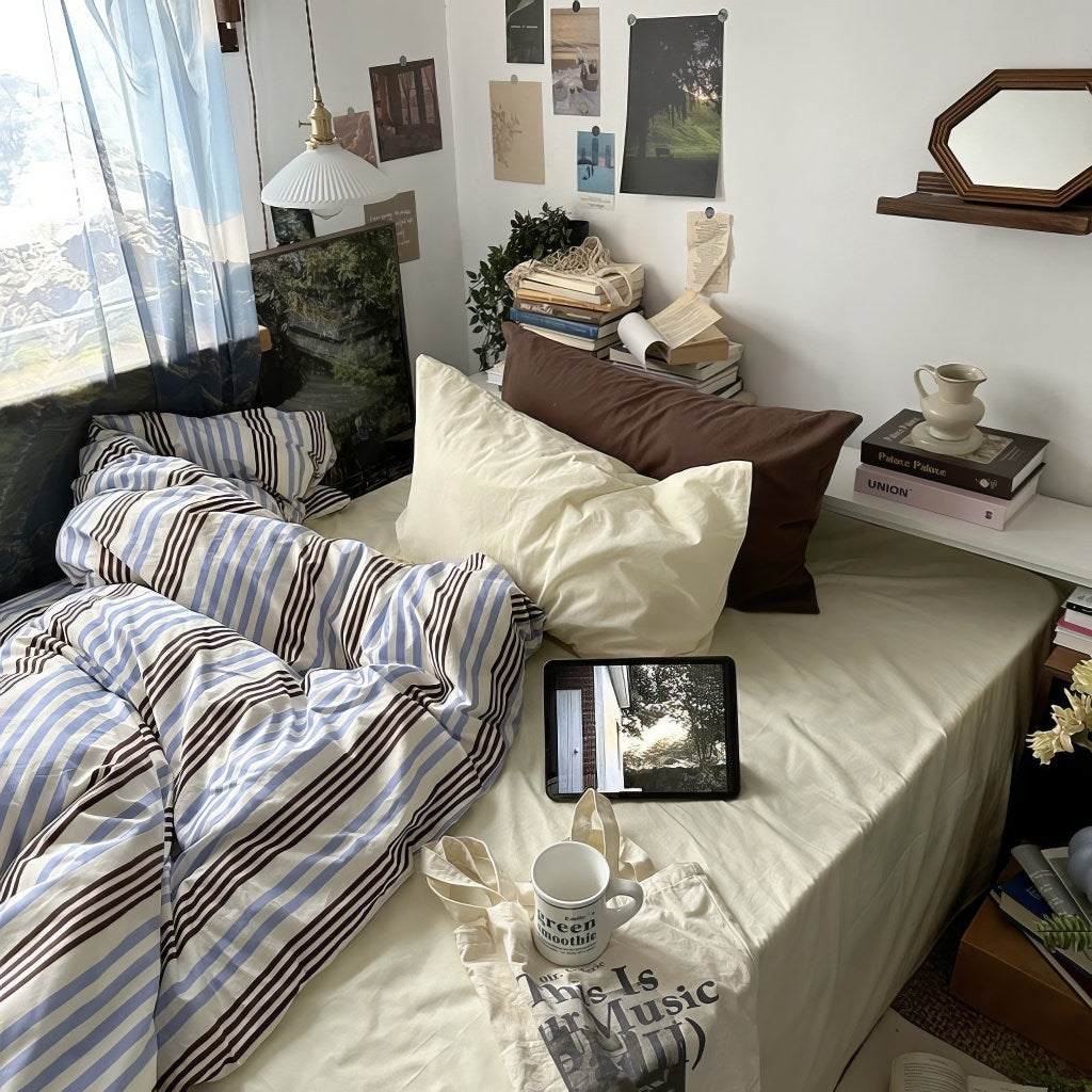 Mojoyce-Spring Summer Bedding Set Blue & Brown Vintage Striped Bedding Set