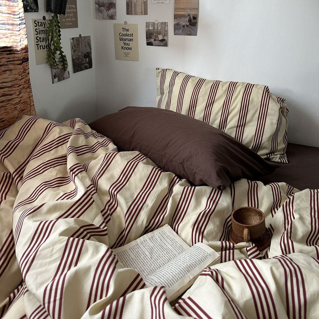 Mojoyce-Spring Summer Bedding Set Beige & Brown Vintage Striped Bedding Set