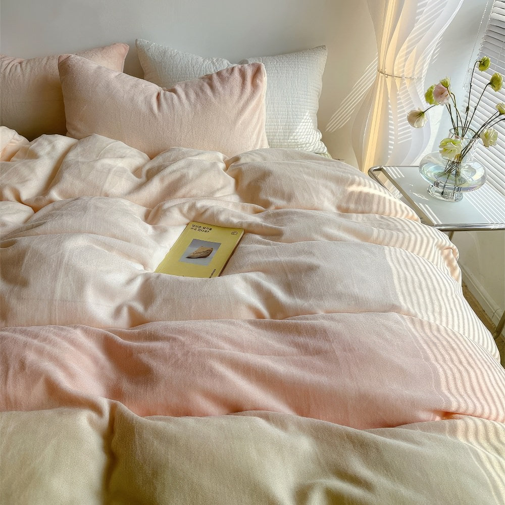 Mojoyce-Spring Summer Bedding Set Pastel Peachy to Green Gradient Fleece Bedding Set