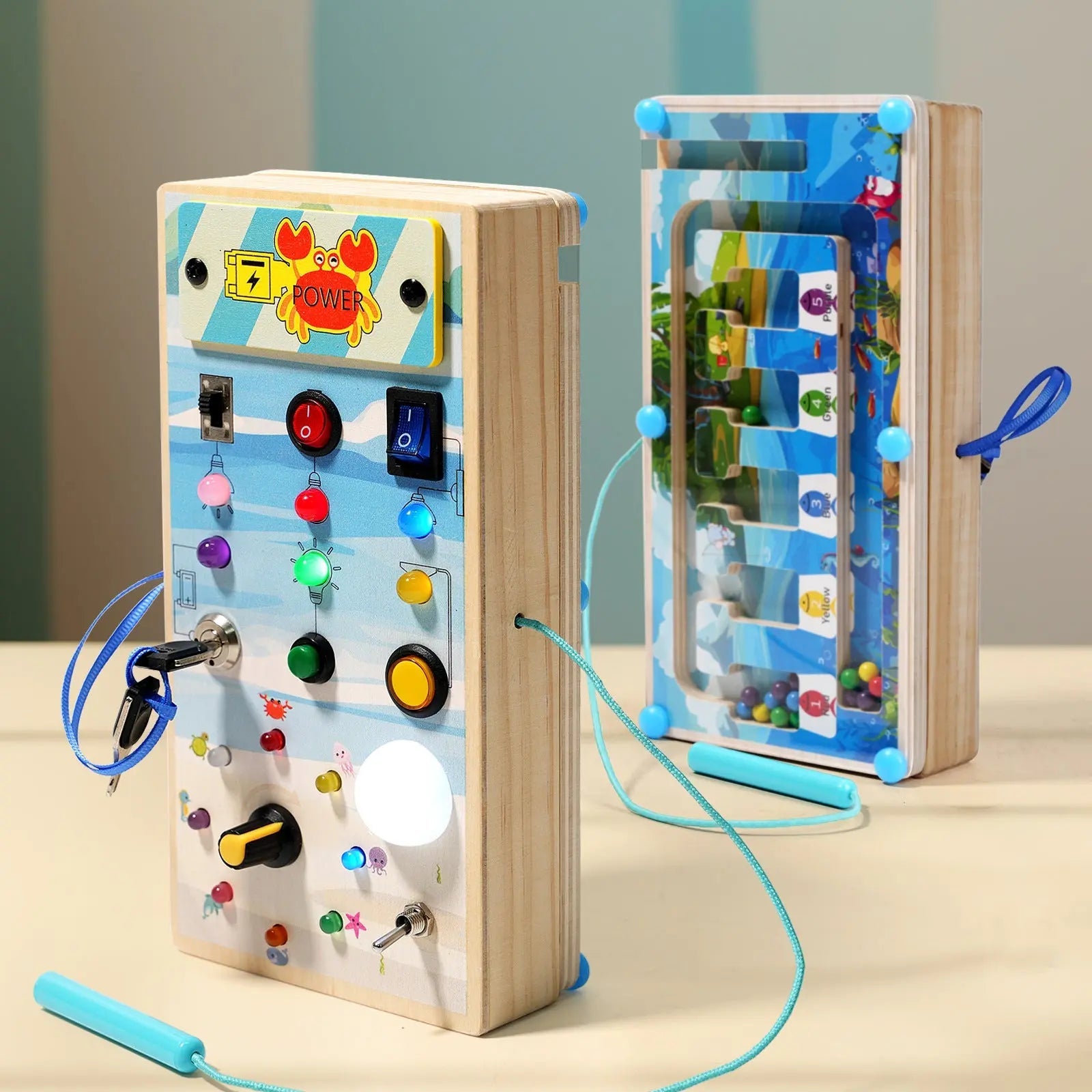 Drive & Learn™ – Wooden Steering Wheel Busy Board with Lights