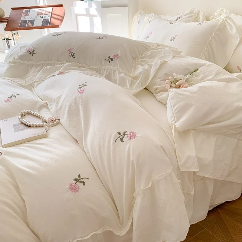 Mojoyce-Spring Summer Bedding Set Coquette Roses Ruffle Duvet Cover & Sham Set