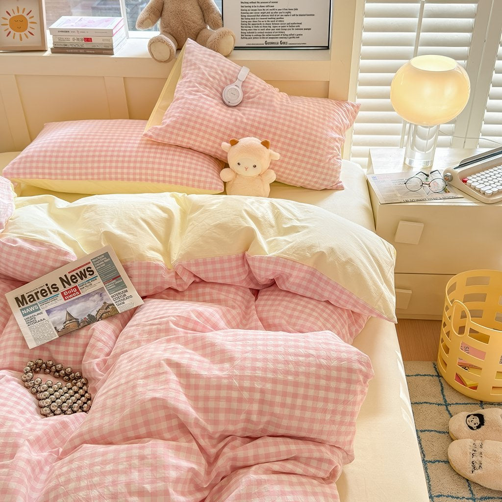 Mojoyce-Spring Summer Bedding Set Pastel Plaid Double-Sided Bedding Set