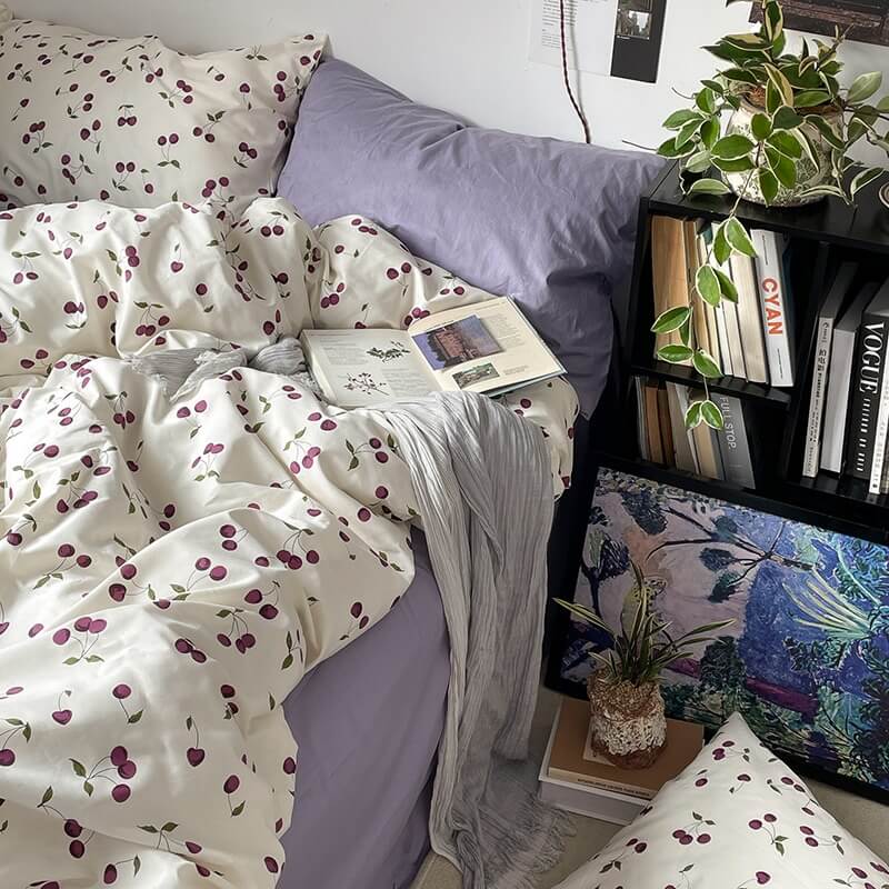Mojoyce-Spring Summer Bedding Set Purple Cherries Bedding Set