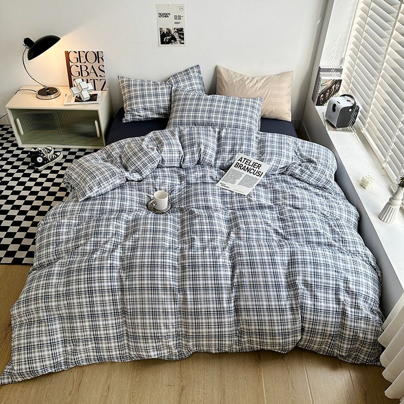 Mojoyce-Spring Summer Bedding Set Vintage Blue Plaid Bedding Set