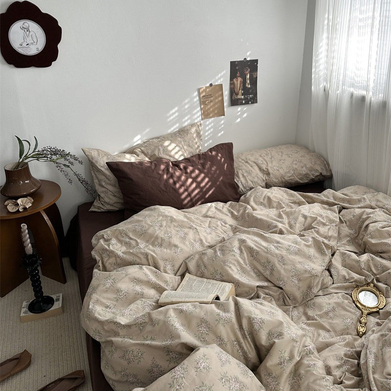 Mojoyce-Spring Summer Bedding Set Dark Academia Vintage Brown Bedding Set