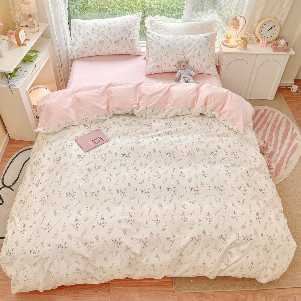 Mojoyce-Spring Summer Bedding Set Pale Pink Floral Print Bedding Set