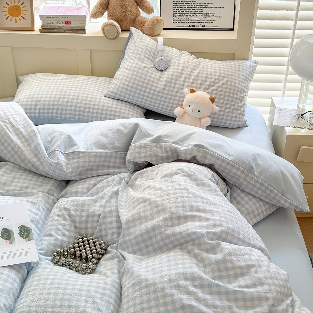 Mojoyce-Spring Summer Bedding Set Pastel Plaid Double-Sided Bedding Set