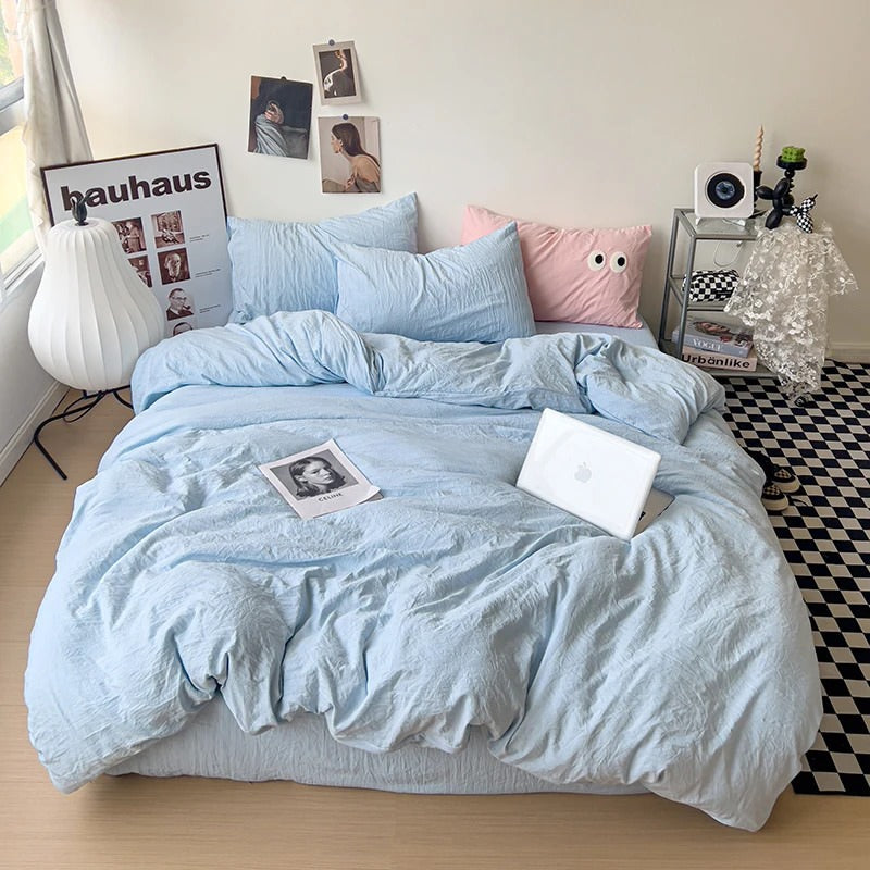 Mojoyce-Spring Summer Bedding Set Crumpled Solid Color Sheets Bedding Set