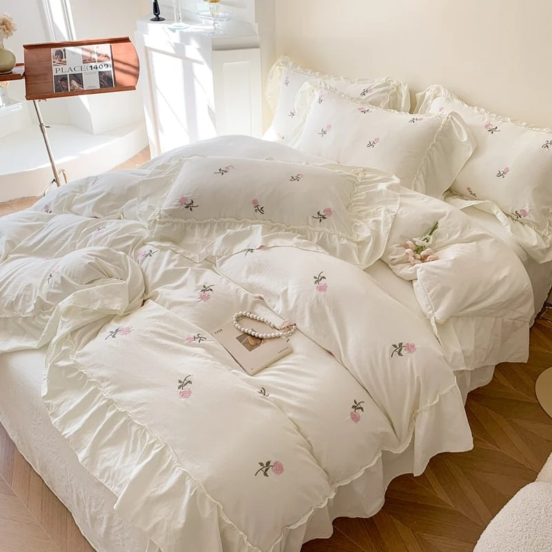 Mojoyce-Spring Summer Bedding Set Coquette Roses Ruffle Duvet Cover & Sham Set