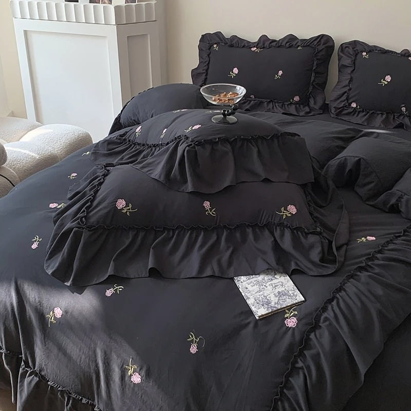 Mojoyce-Spring Summer Bedding Set Coquette Roses Ruffle Duvet Cover & Sham Set