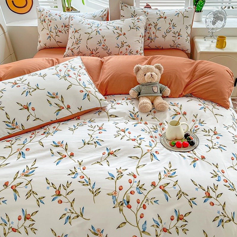Mojoyce-Spring Summer Bedding Set Vintage Red Berries Print Bedding Set