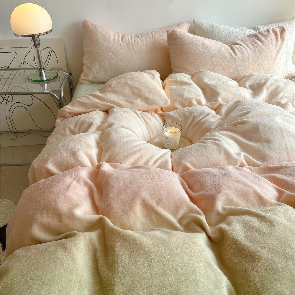 Mojoyce-Spring Summer Bedding Set Pastel Peachy to Green Gradient Fleece Bedding Set