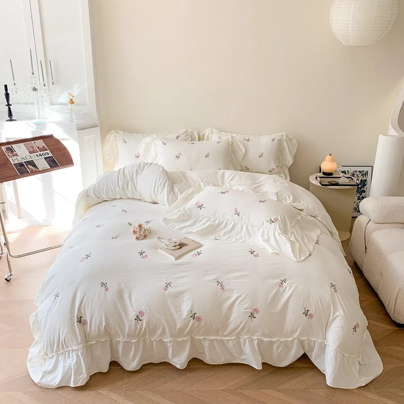 Mojoyce-Spring Summer Bedding Set Coquette Roses Ruffle Duvet Cover & Sham Set