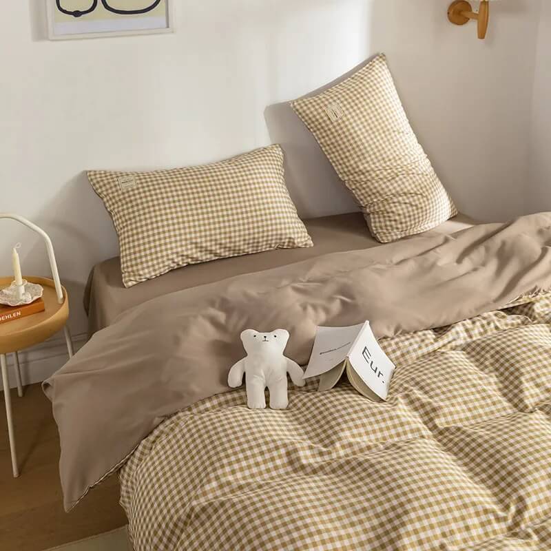 Mojoyce-Spring Summer Bedding Set Mini Plaid Print Pastel Bedding Set