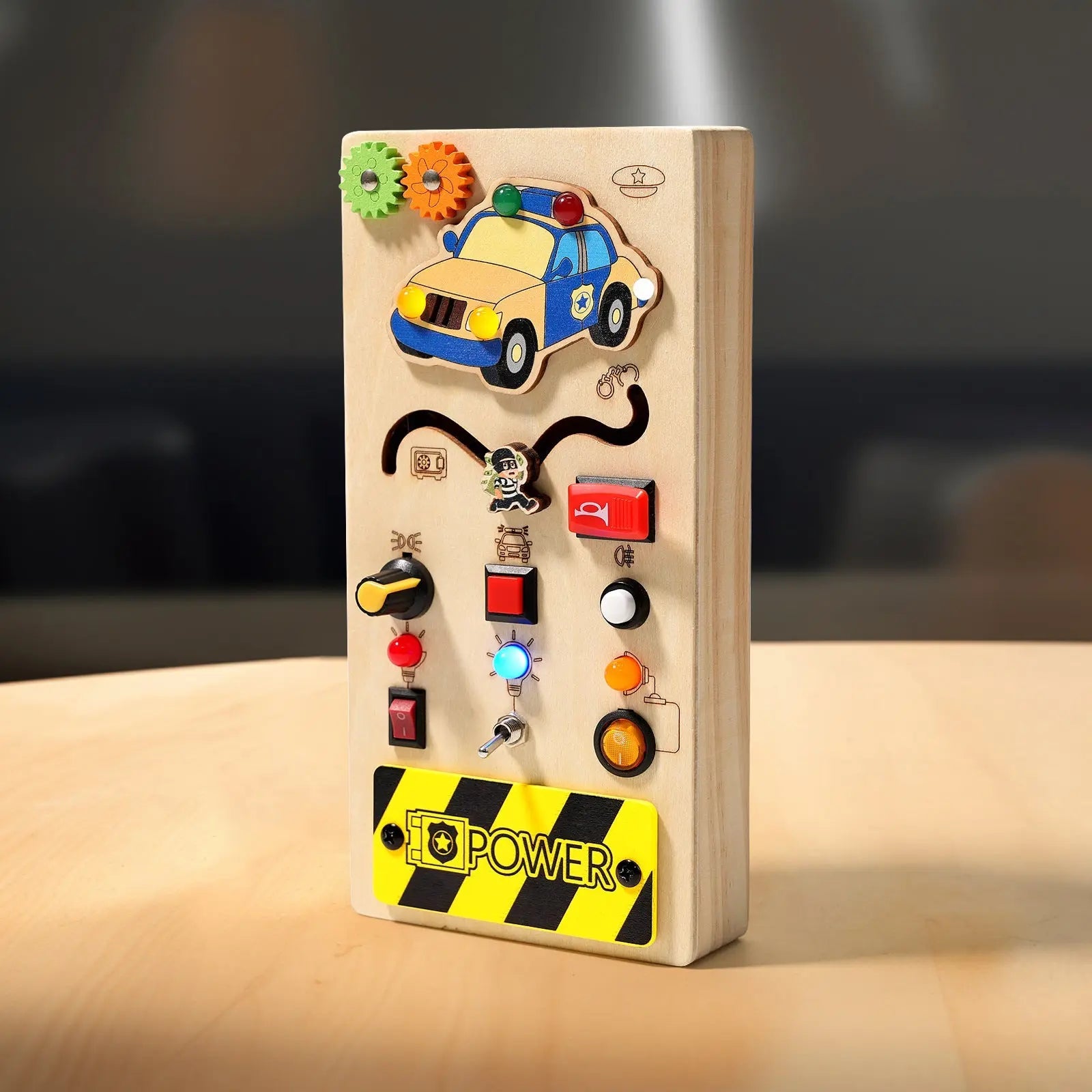 Drive & Learn™ – Wooden Steering Wheel Busy Board with Lights