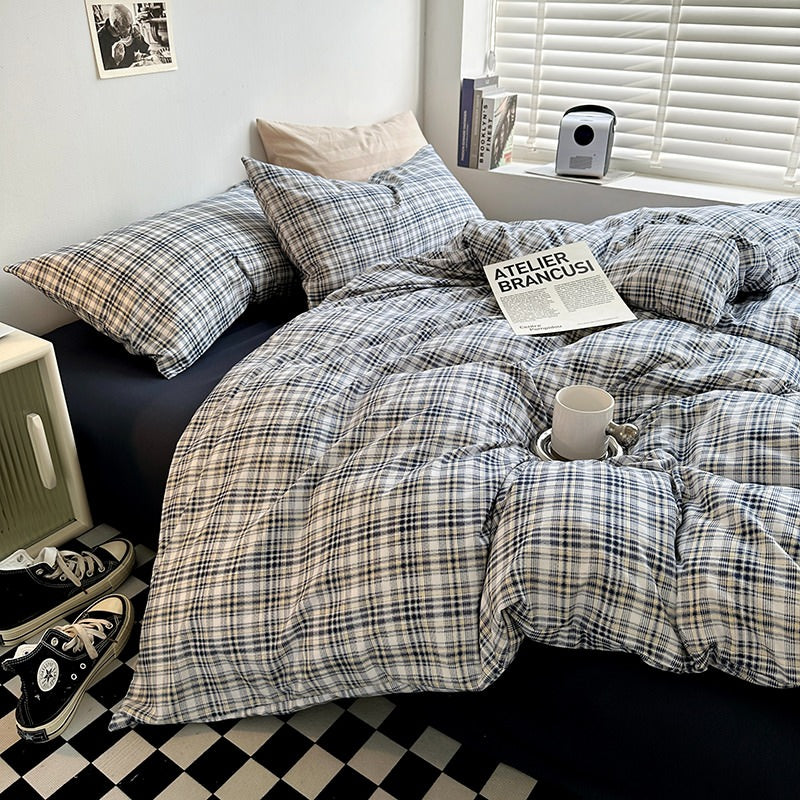 Mojoyce-Spring Summer Bedding Set Vintage Blue Plaid Bedding Set