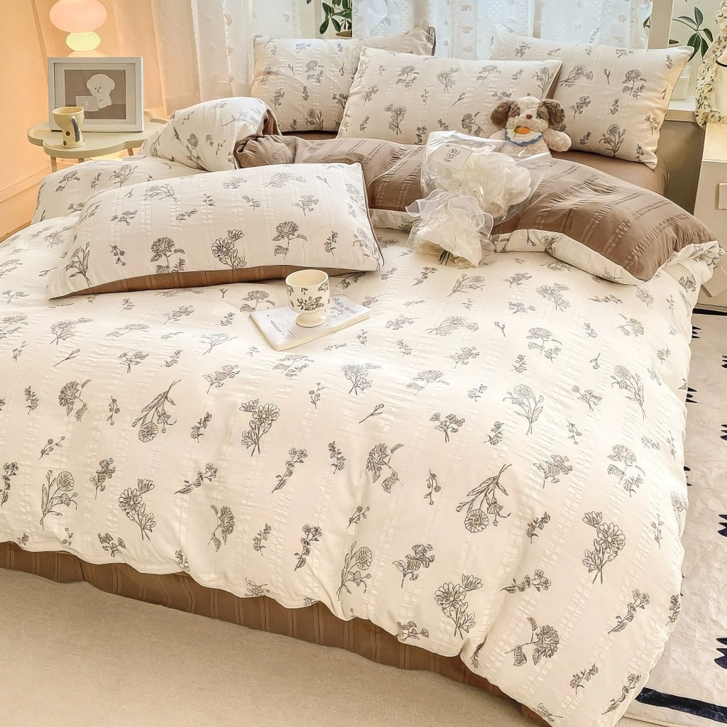Mojoyce-Spring Summer Bedding Set Floral Print Vintage Creamy Bedding Set