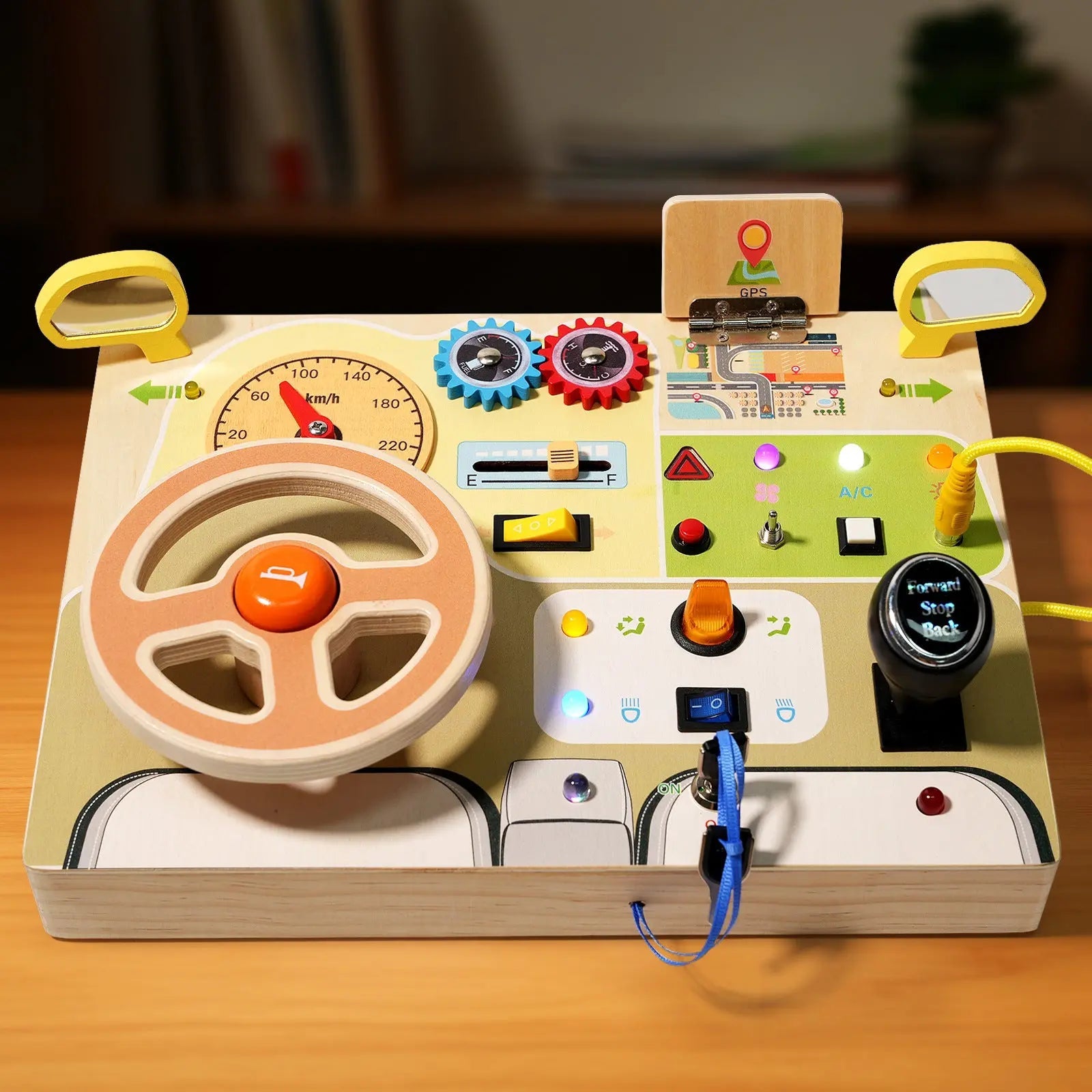Drive & Learn™ – Wooden Steering Wheel Busy Board with Lights