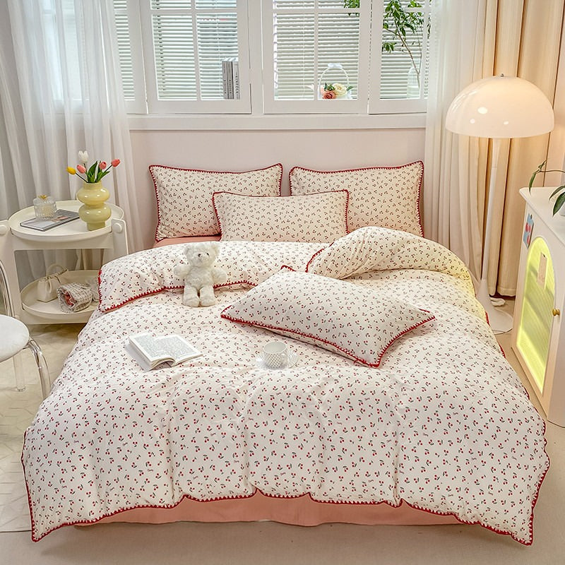 Mojoyce-Spring Summer Bedding Set Stitched Edge Red Cherries Bedding Set
